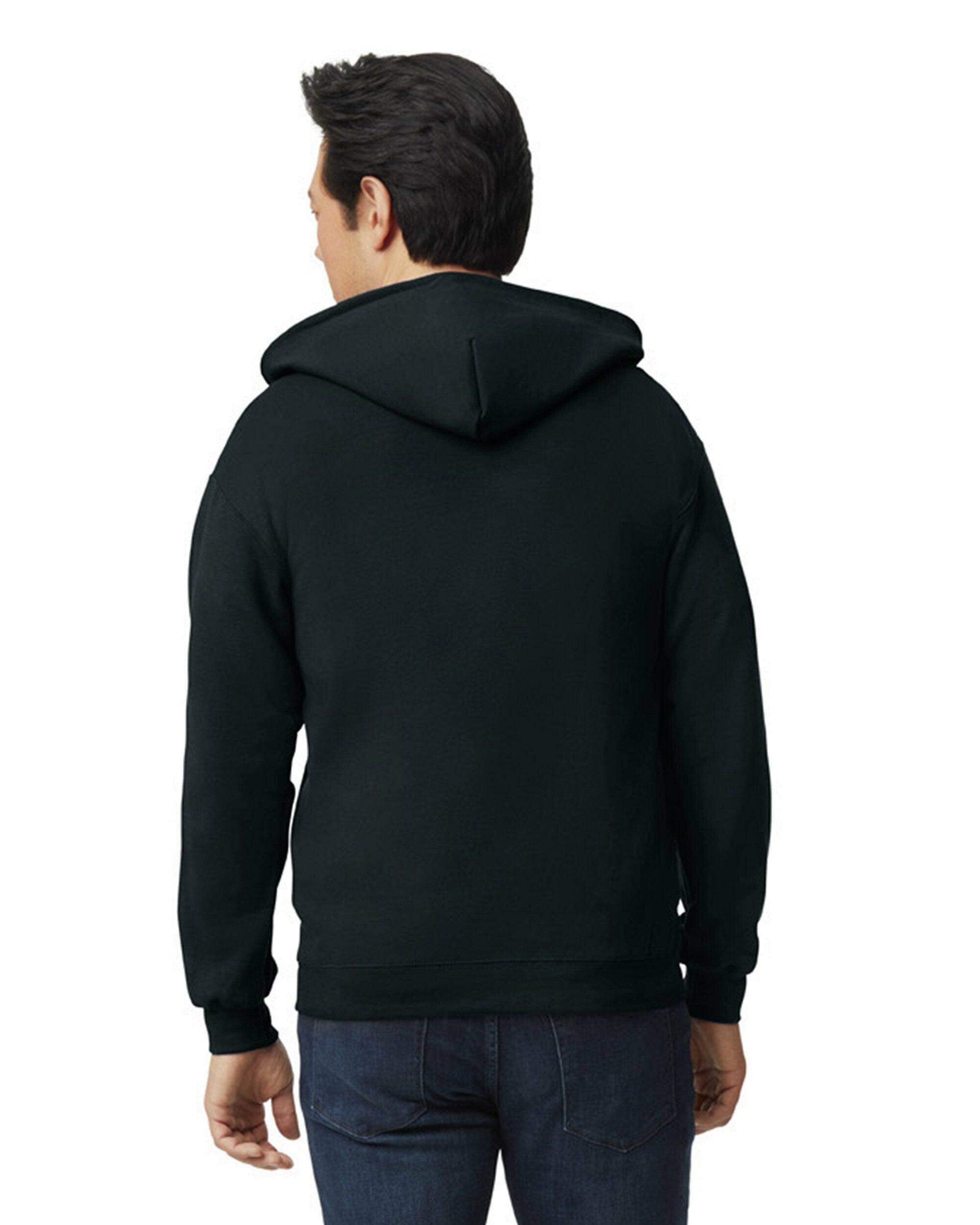 Full-Zip Hooded Sweatshirt | Heavy Blend shown in black on man from back with unlined hood and classic fit