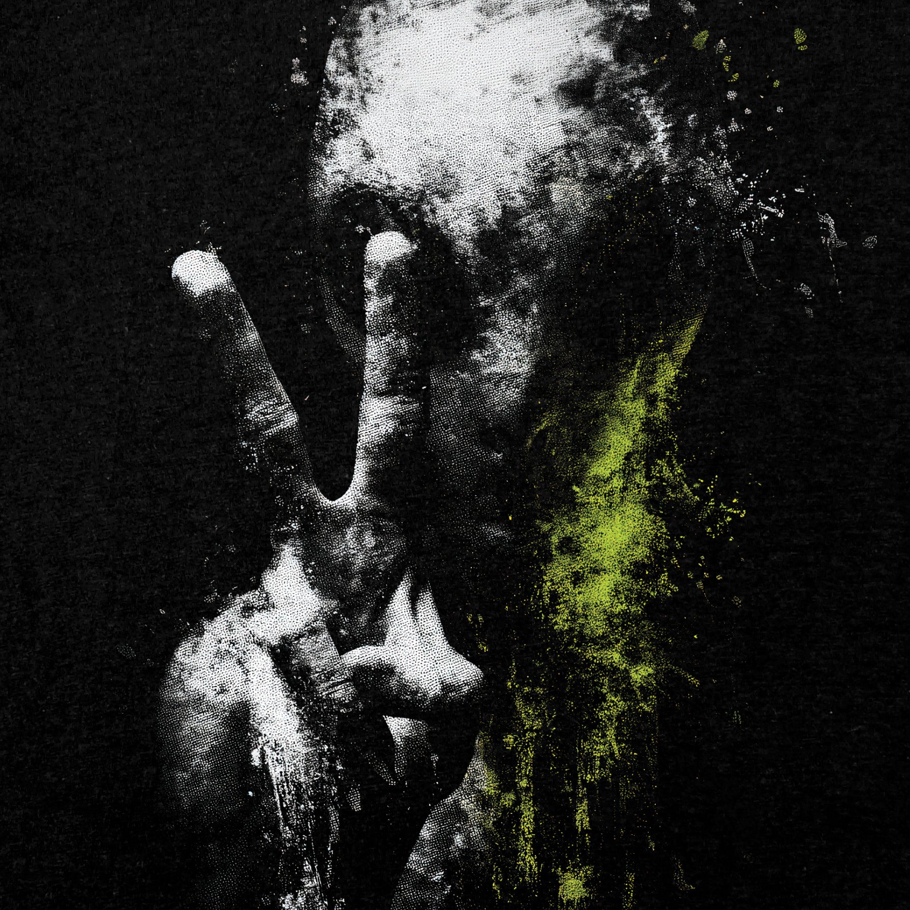 Alien Peace Sign T-Shirt graphic featuring grey alien making peace sign with green and white splatter design on black background.