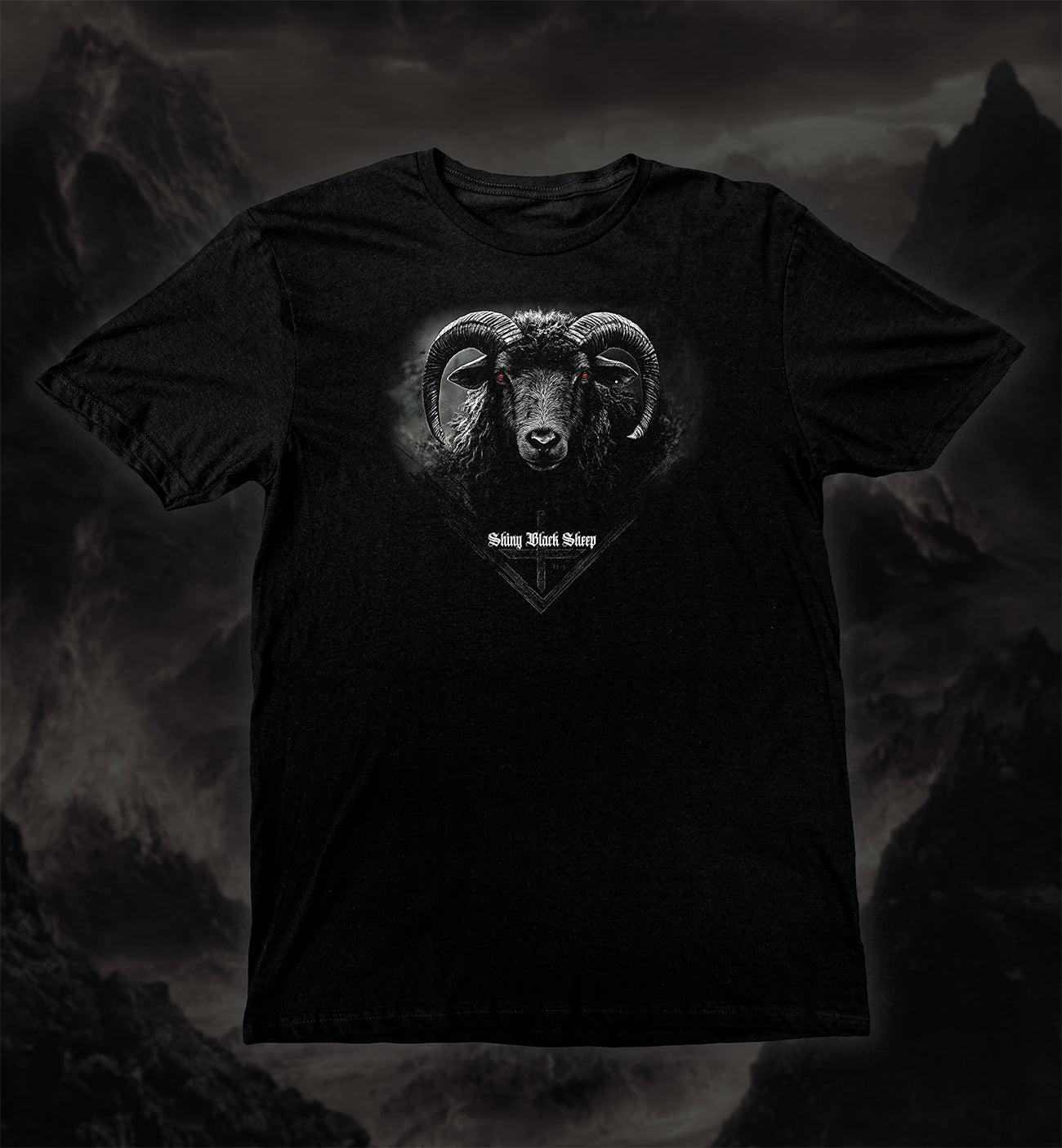 Shiny Black Sheep T-Shirt Dark Rebellion with fierce ram and red eyes on soft black fabric modern fit design