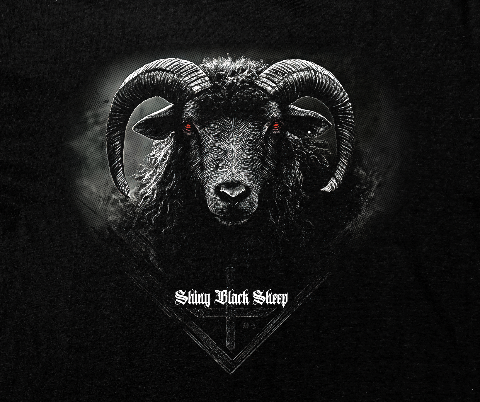 Shiny Black Sheep T-Shirt, Dark Rebellion features a fierce black ram with red eyes on black fabric.