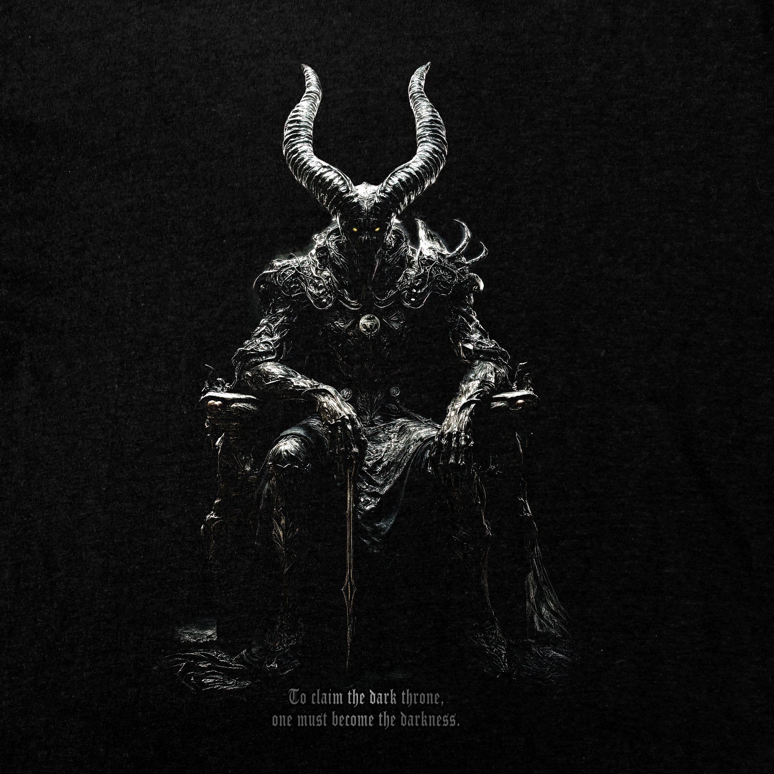 Dark Throne T-Shirt, Lord of the Underworld featuring a demonic ruler with glowing eyes seated on a dark throne.
