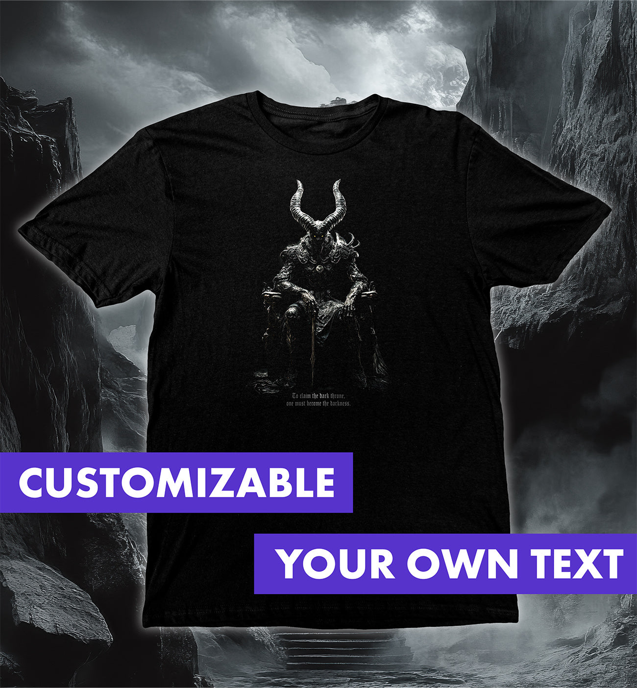 Dark Throne T-Shirt, Lord of the Underworld featuring a demonic ruler with glowing eyes on a throne.