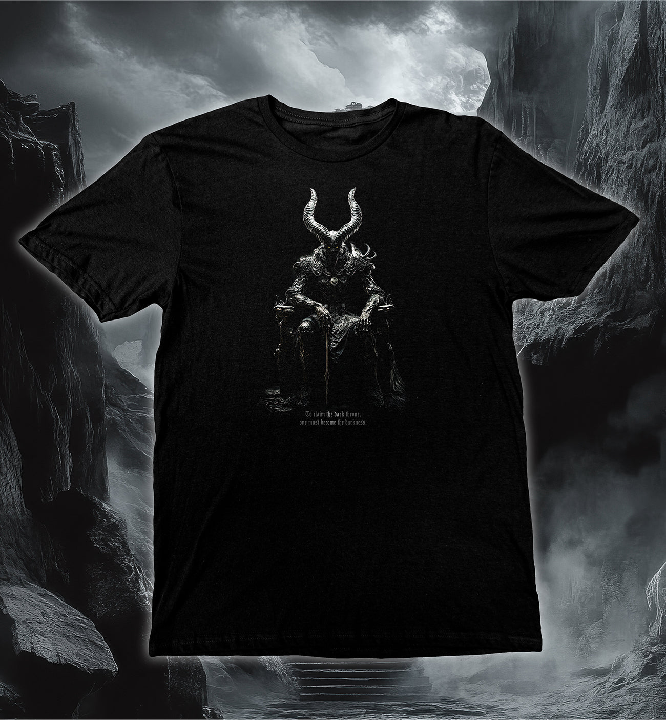 Dark Throne T-Shirt, Lord of the Underworld featuring a demonic ruler with glowing eyes seated on a throne.