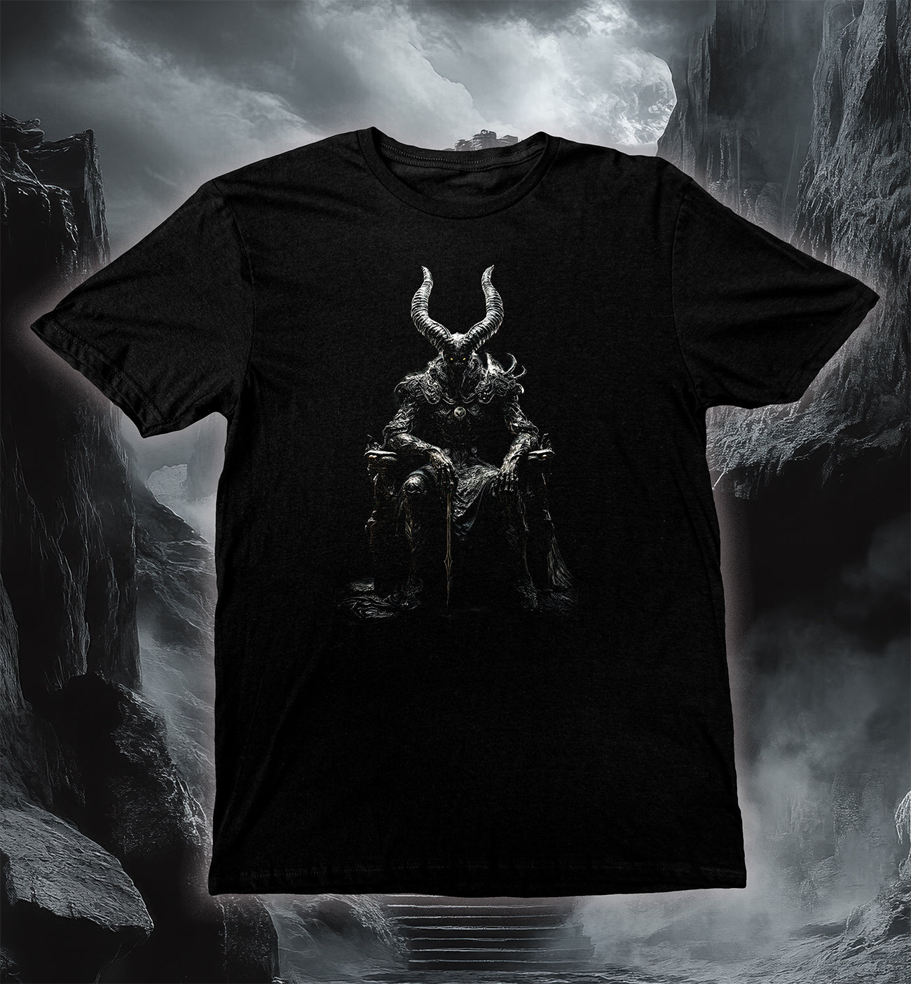 Dark Throne T-Shirt, Lord of the Underworld featuring a demonic ruler with glowing eyes seated on a throne.