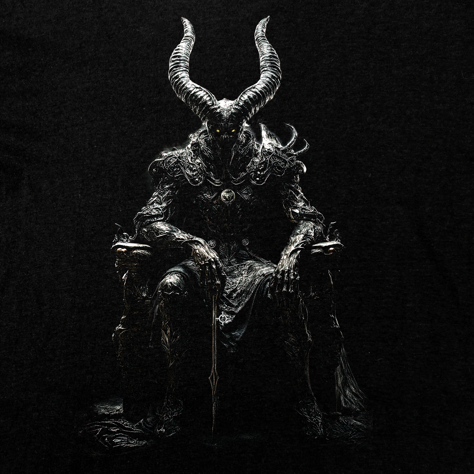 Dark Throne T-Shirt, Lord of the Underworld with demonic ruler and glowing eyes seated on a throne in dark fantasy style.