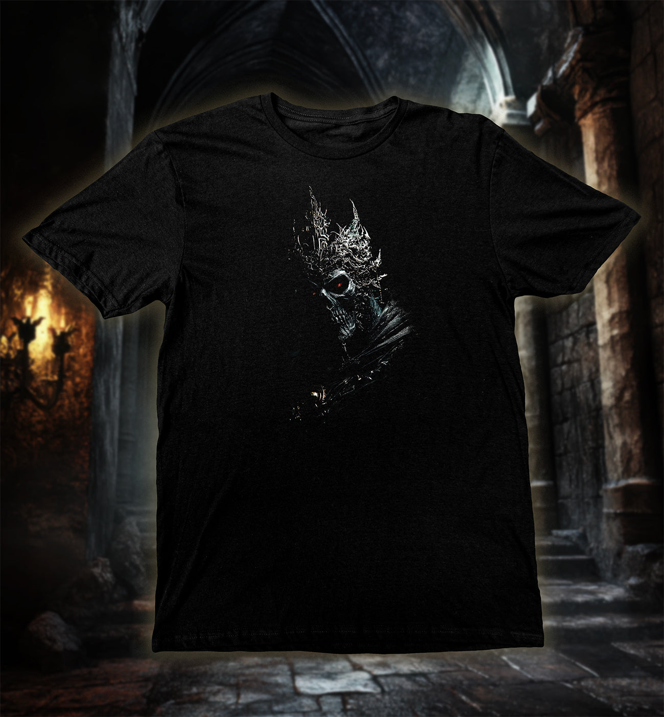 Shadow Demon T-Shirt, King of Darkness featuring a sinister crowned skull with glowing red eyes on black fabric.