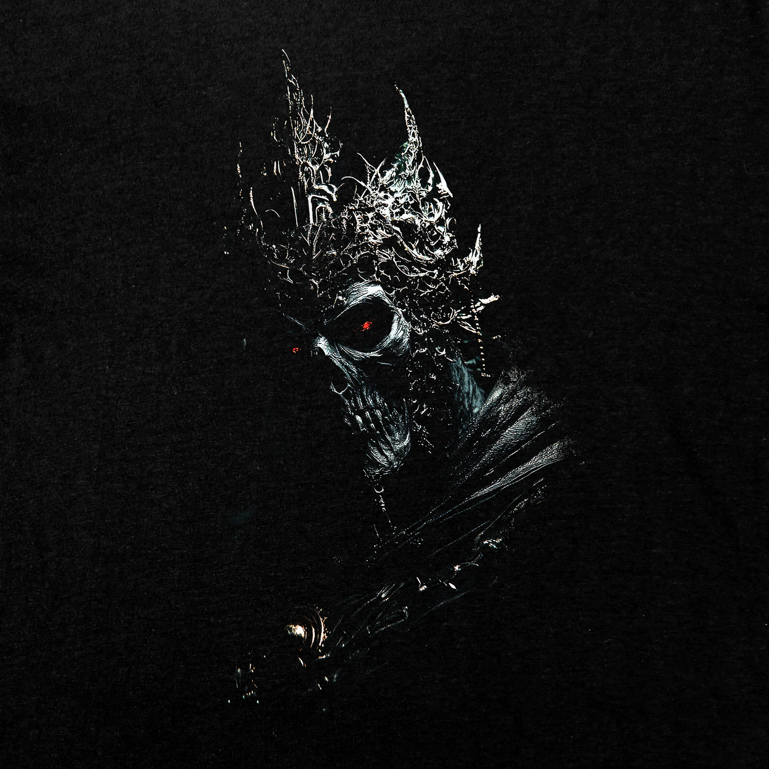 Shadow Demon T-Shirt, King of Darkness featuring a skull-faced king with thorn crown and glowing red eyes on black fabric.