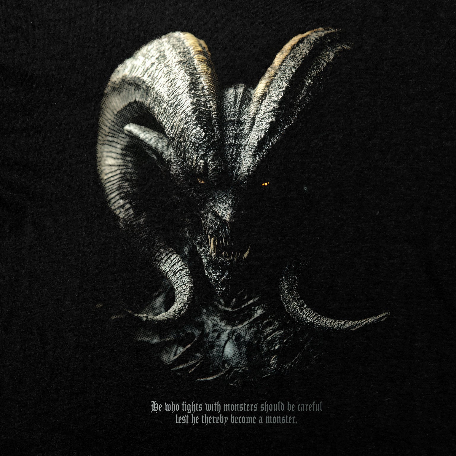 Demon Lord T-Shirt with detailed dark demon face, glowing eyes, and large twisted horns in shadowy design.