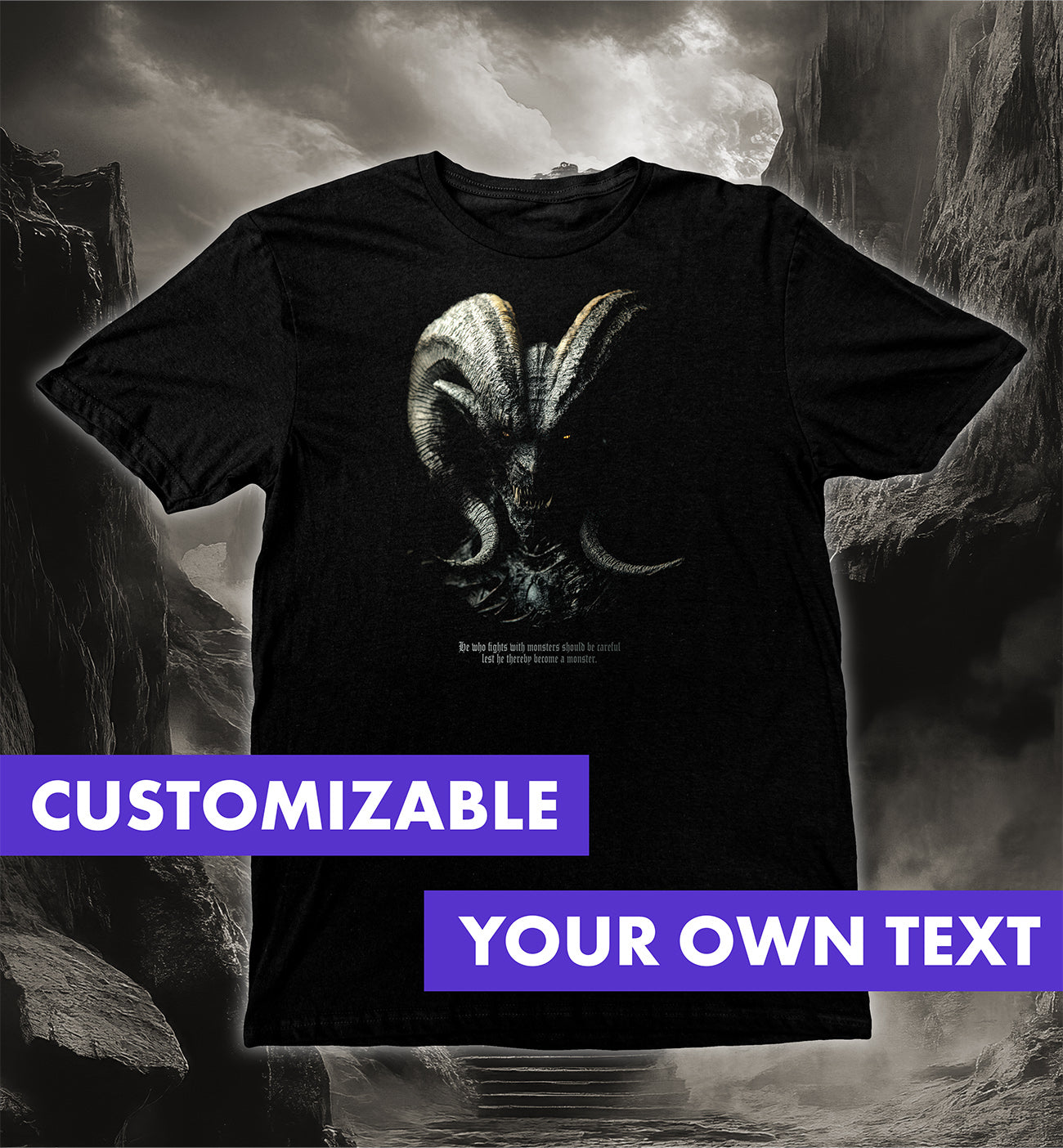 Demon Lord T-Shirt with dark fantasy demon design featuring piercing eyes and curled horns on black fabric.