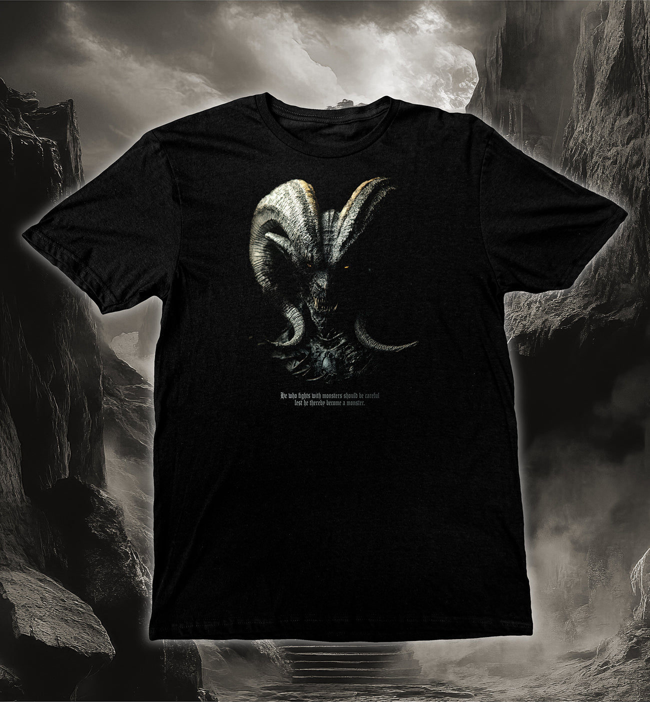 Demon Lord T-Shirt with a dark fantasy demon design featuring piercing eyes and curled horns on black fabric.