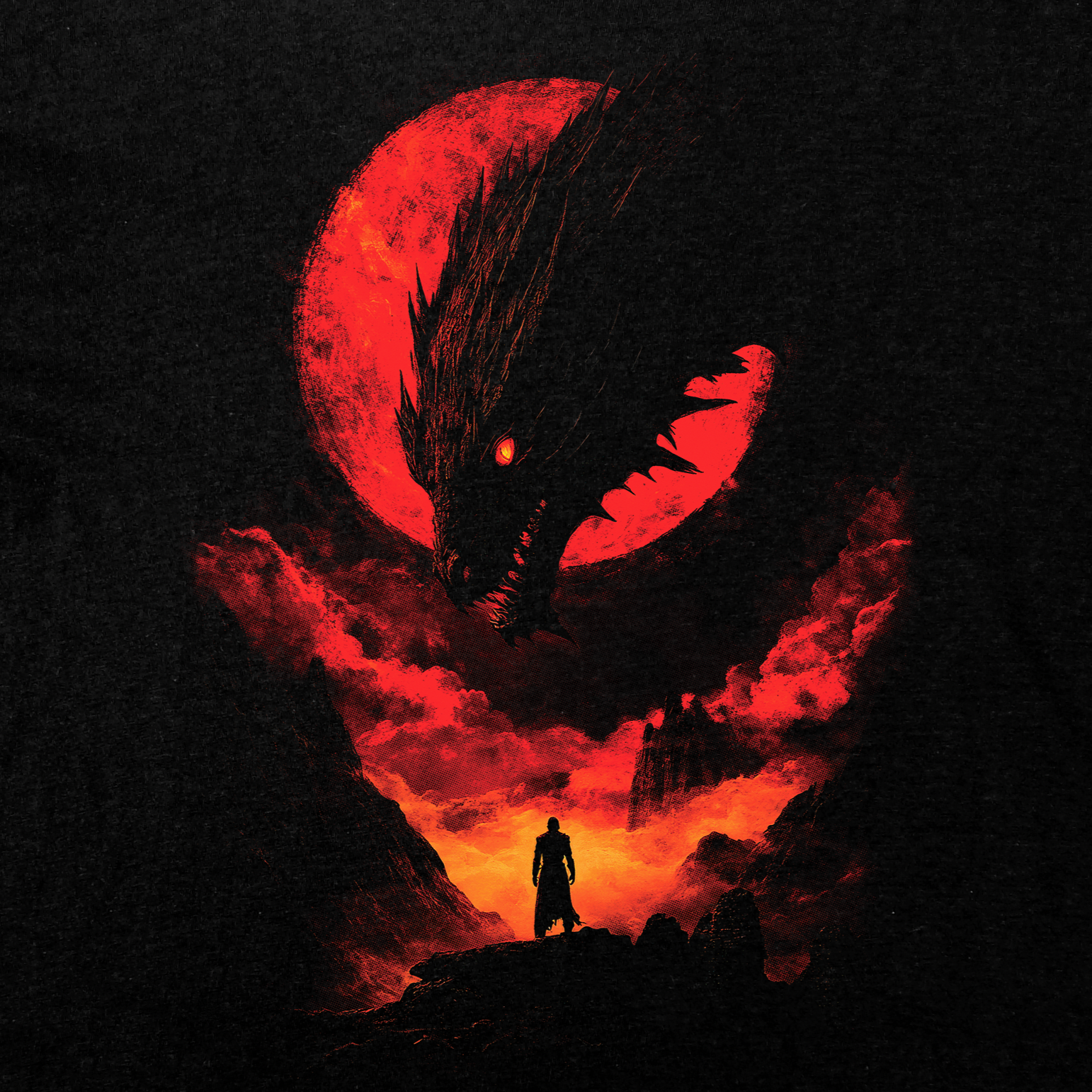 Dragon’s Defiance T-Shirt featuring a lone hero facing a massive dragon under a crimson moon in a fantasy battle scene.