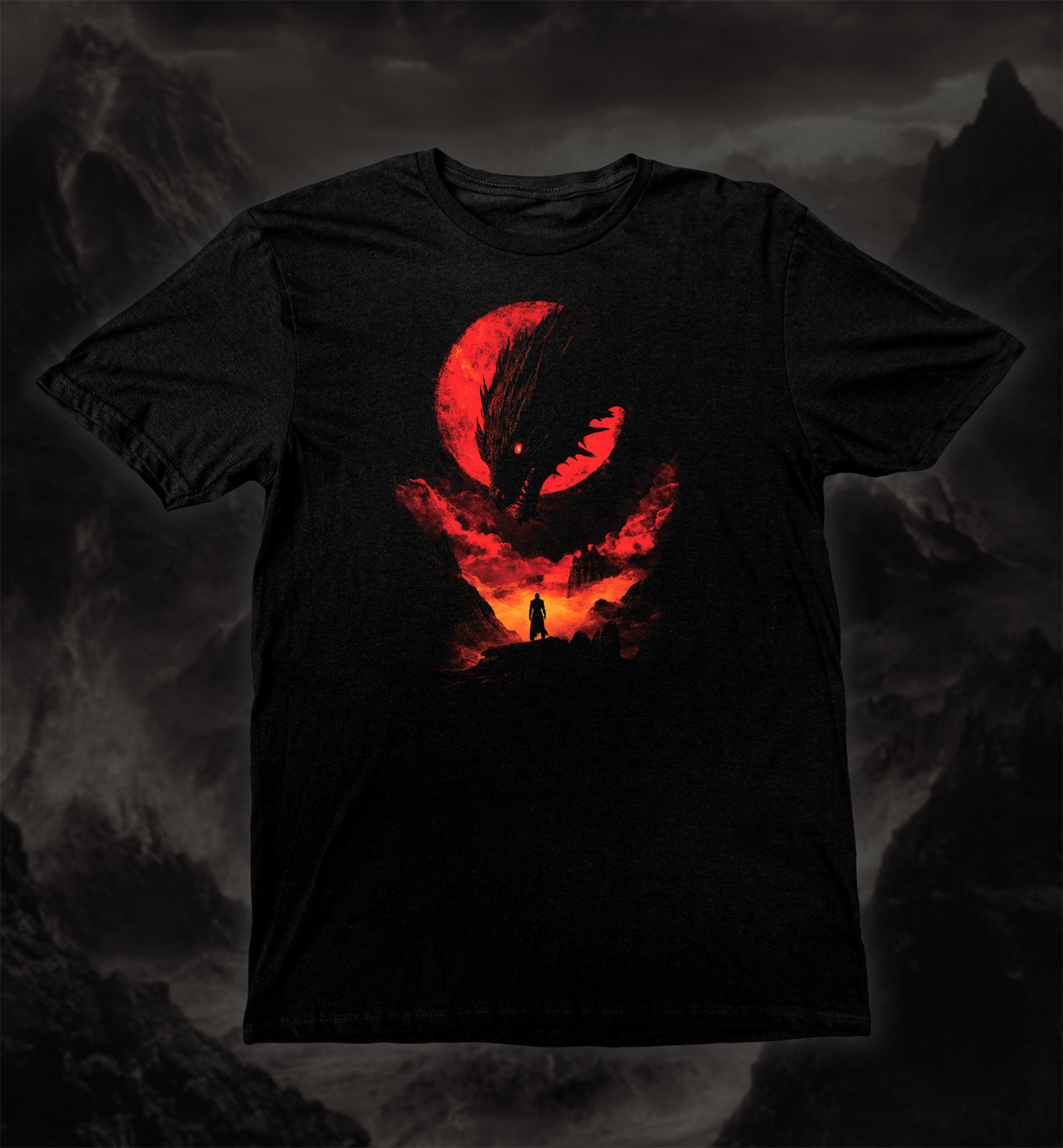 Dragon’s Defiance T-Shirt featuring a lone hero confronting a dragon under a red moon on a black shirt.