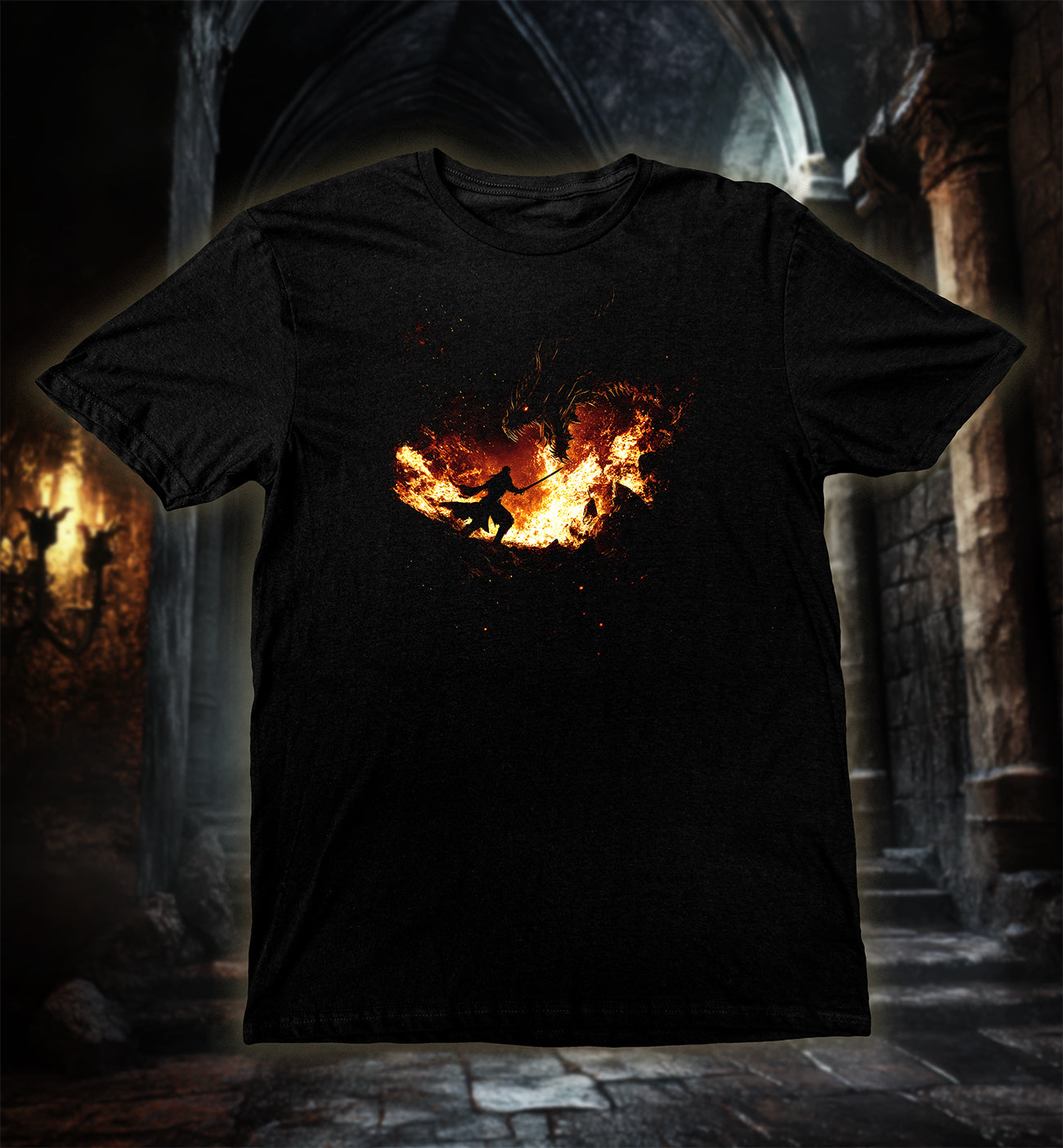 Inferno Clash T-Shirt showing a fiery battle silhouette of a warrior and dragon in flames on black fabric.