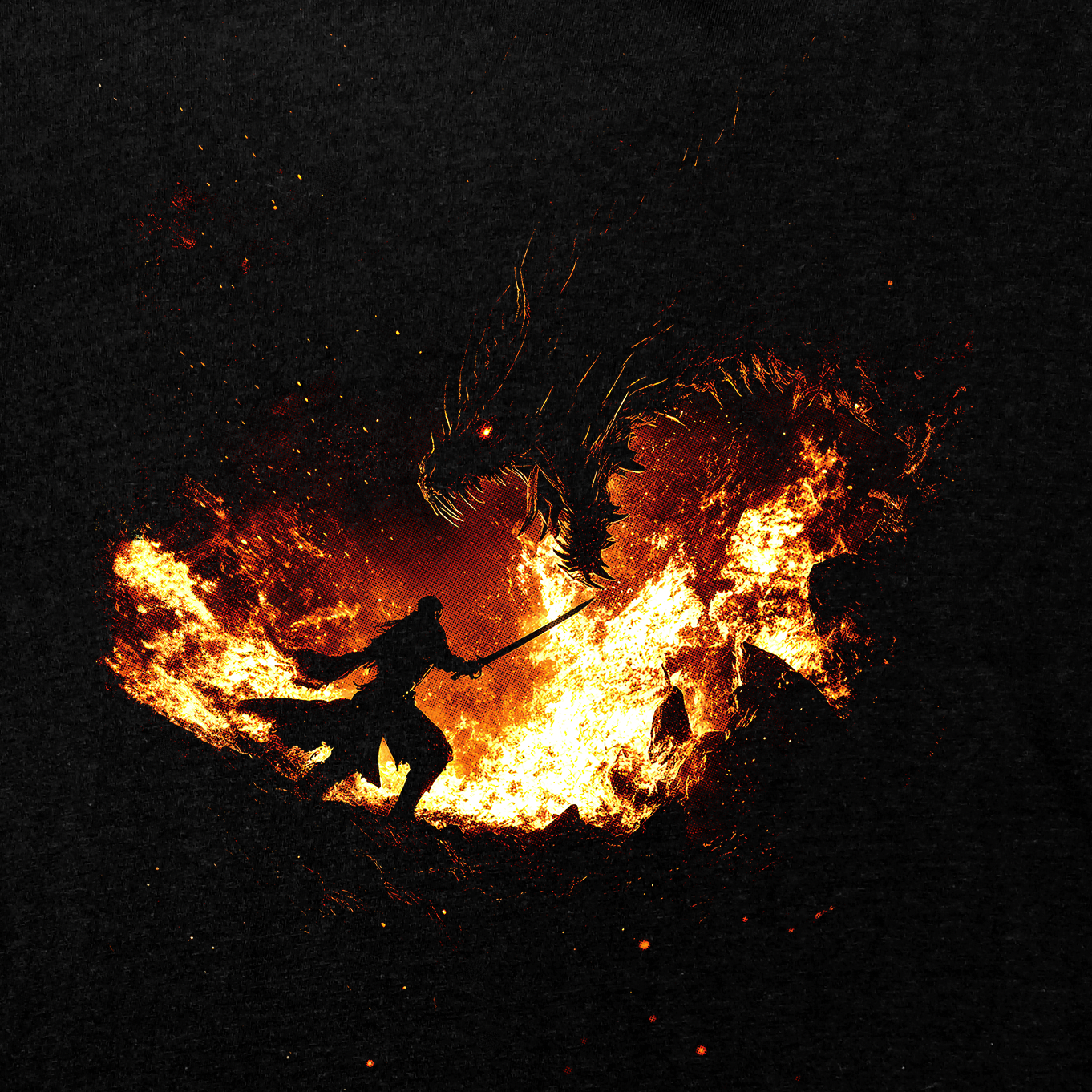 Inferno Clash T-Shirt showing a warrior battling a fiery dragon amid flames and intense fire and fury.