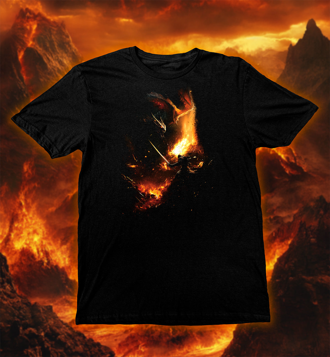Dragon Slayer T-Shirt, The Final Battle featuring a hero battling a fiery dragon in a dramatic epic scene.