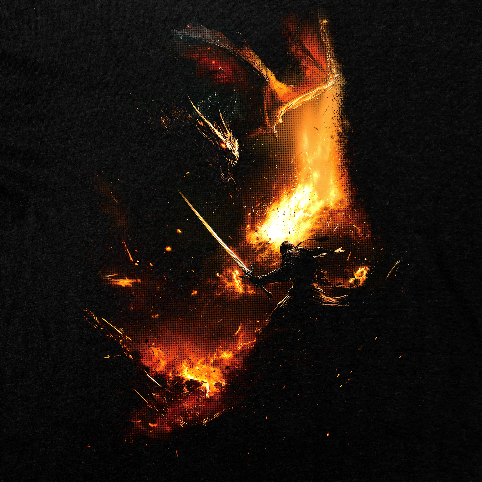 Dragon Slayer T-Shirt, The Final Battle featuring a hero battling a fiery dragon with sword in an epic clash.