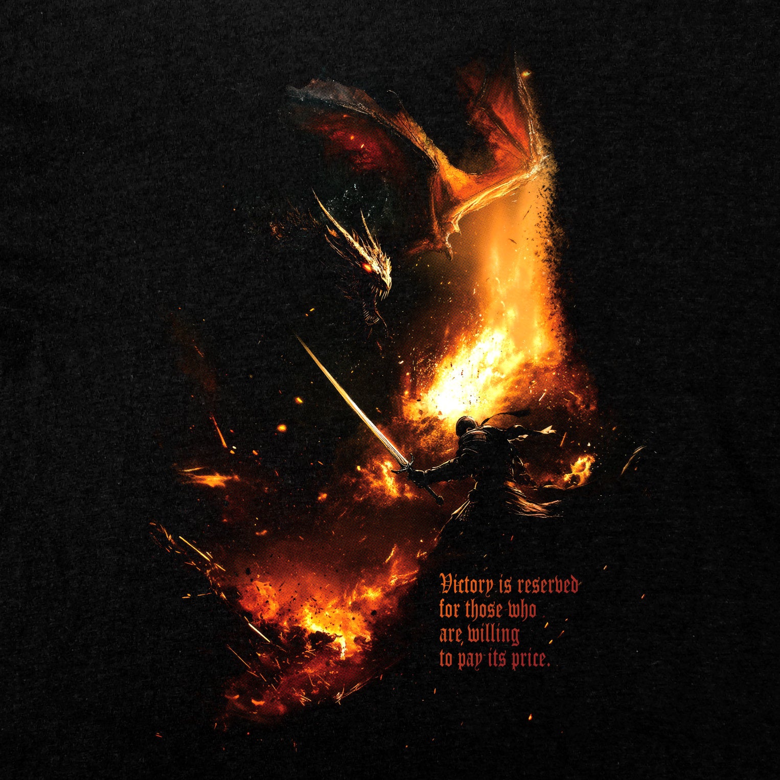 Dragon Slayer T-Shirt, The Final Battle showing a heroic figure fighting a fiery dragon with a glowing sword.