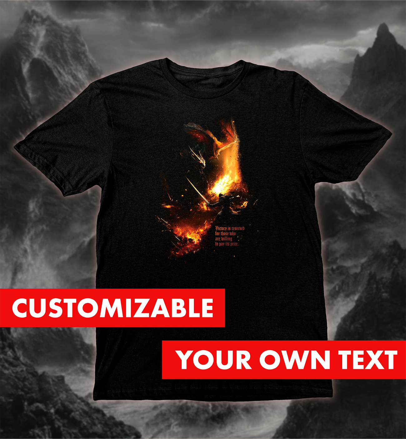 Dragon Slayer T-Shirt, The Final Battle featuring hero battling a fiery dragon on black soft fabric tee.