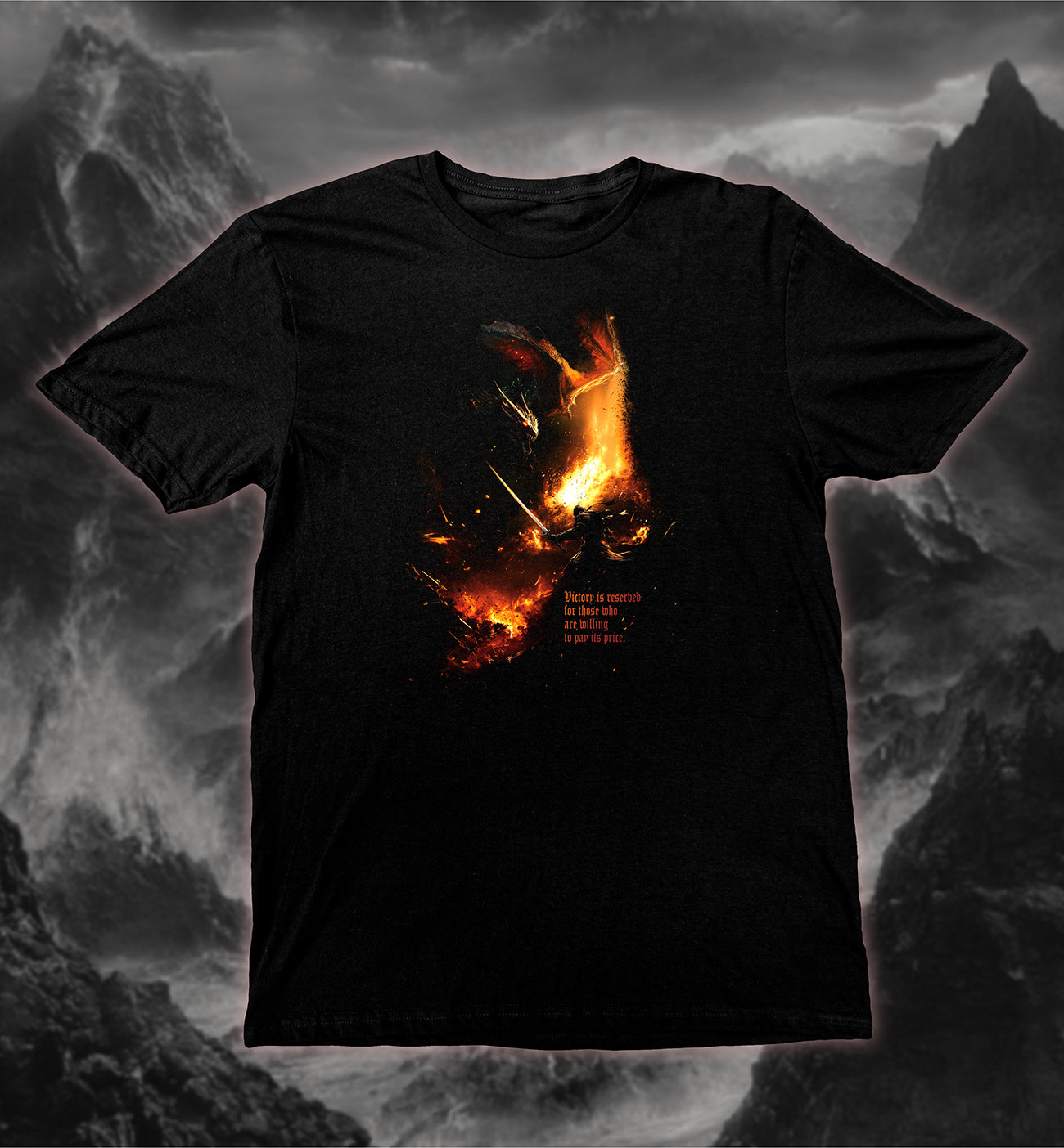 Dragon Slayer T-Shirt The Final Battle with hero fighting dragon in fiery epic confrontation design