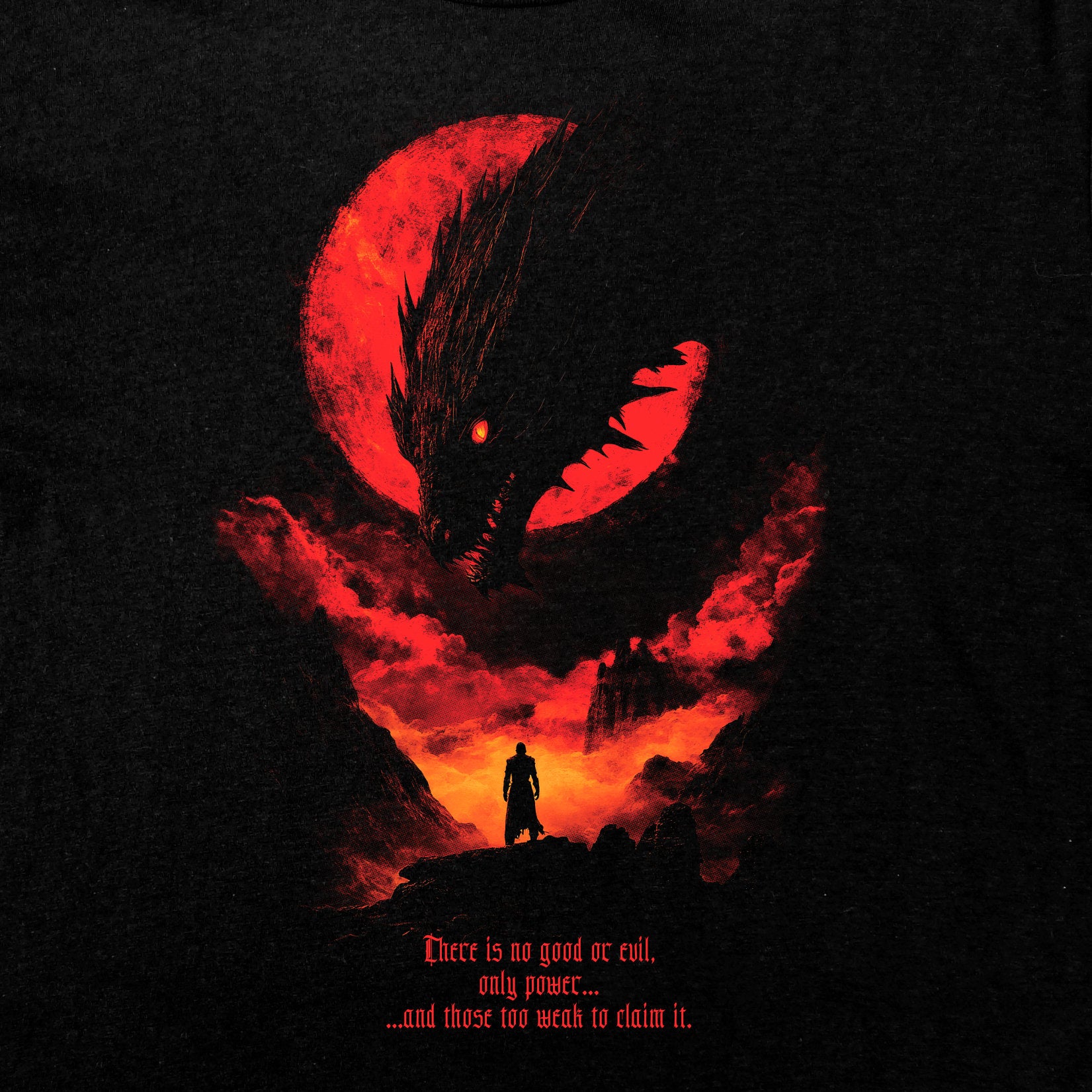 Dragon’s Defiance T-Shirt featuring a hero confronting a dragon under a crimson moon with fiery landscape background.