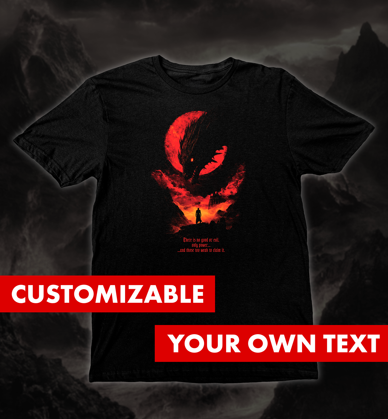 Dragon’s Defiance T-Shirt featuring a lone hero facing a massive dragon under a crimson moon design.