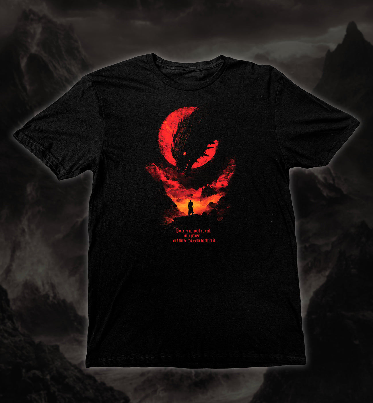 Dragon’s Defiance T-Shirt featuring a lone hero facing a giant dragon under a red moon graphic design.