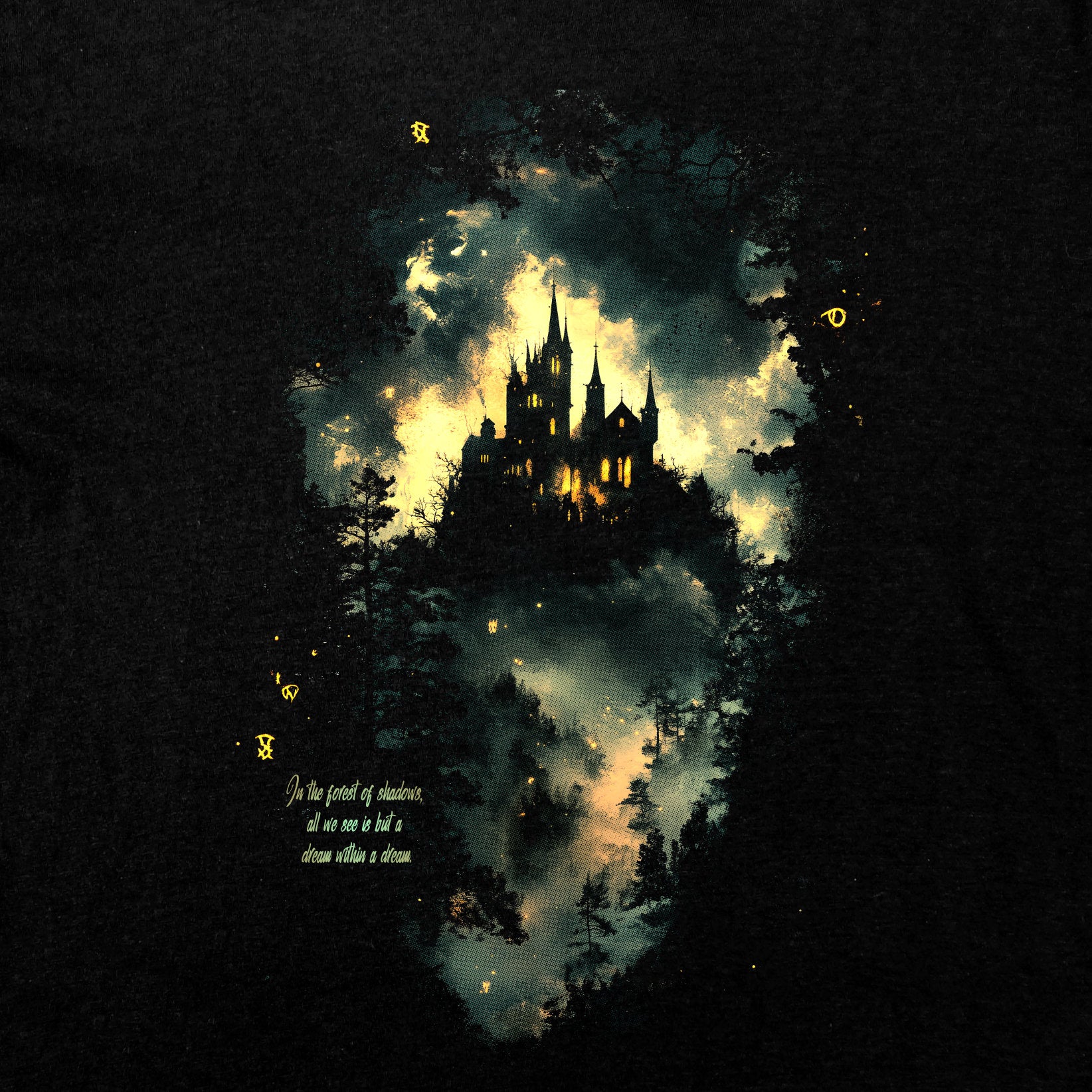 Enchanted Forest T-Shirt, Secrets of the Shadows features a mystical castle in a moonlit, misty forest silhouette design.