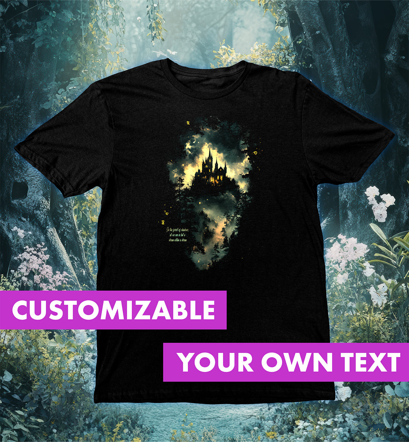 Enchanted Forest T-Shirt, Secrets of the Shadows with mysterious castle design glowing in a misty forest at night.