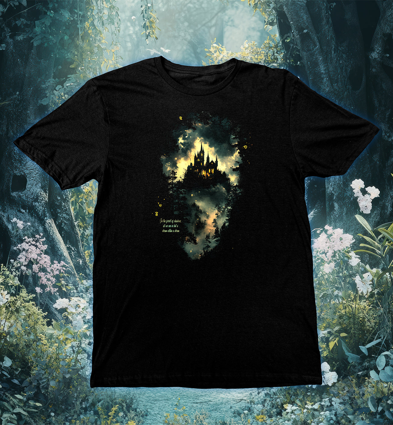 Enchanted Forest T-Shirt, Secrets of the Shadows with castle silhouette in misty moonlit woodland design.