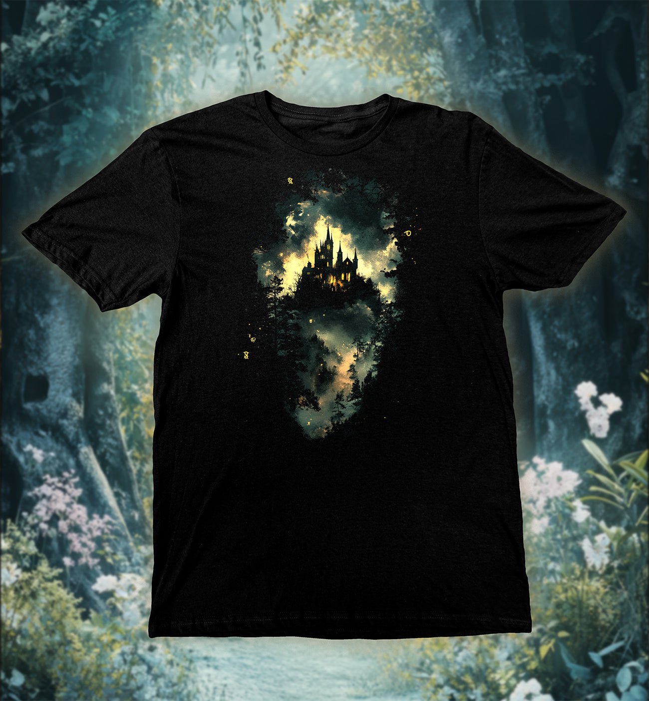 Enchanted Forest T-Shirt, Secrets of the Shadows with mysterious castle and forest in eerie moonlight design.
