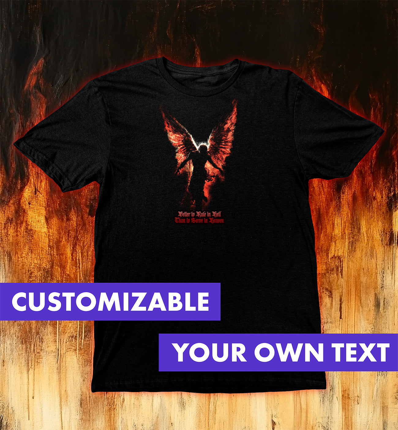 Fallen Angel T-Shirt featuring a dark silhouette with fiery wings against a shadowy background.