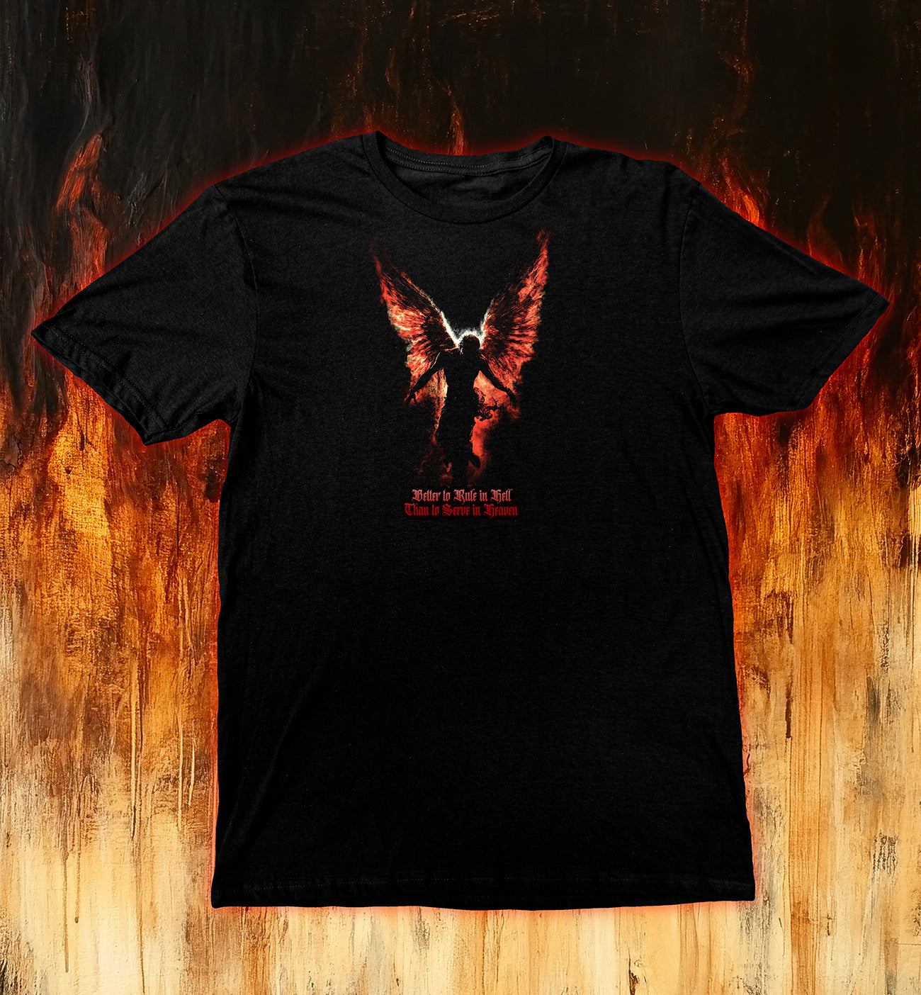 Fallen Angel T-Shirt dark silhouette with flaming wings on black fabric perfect for gothic and celestial style.