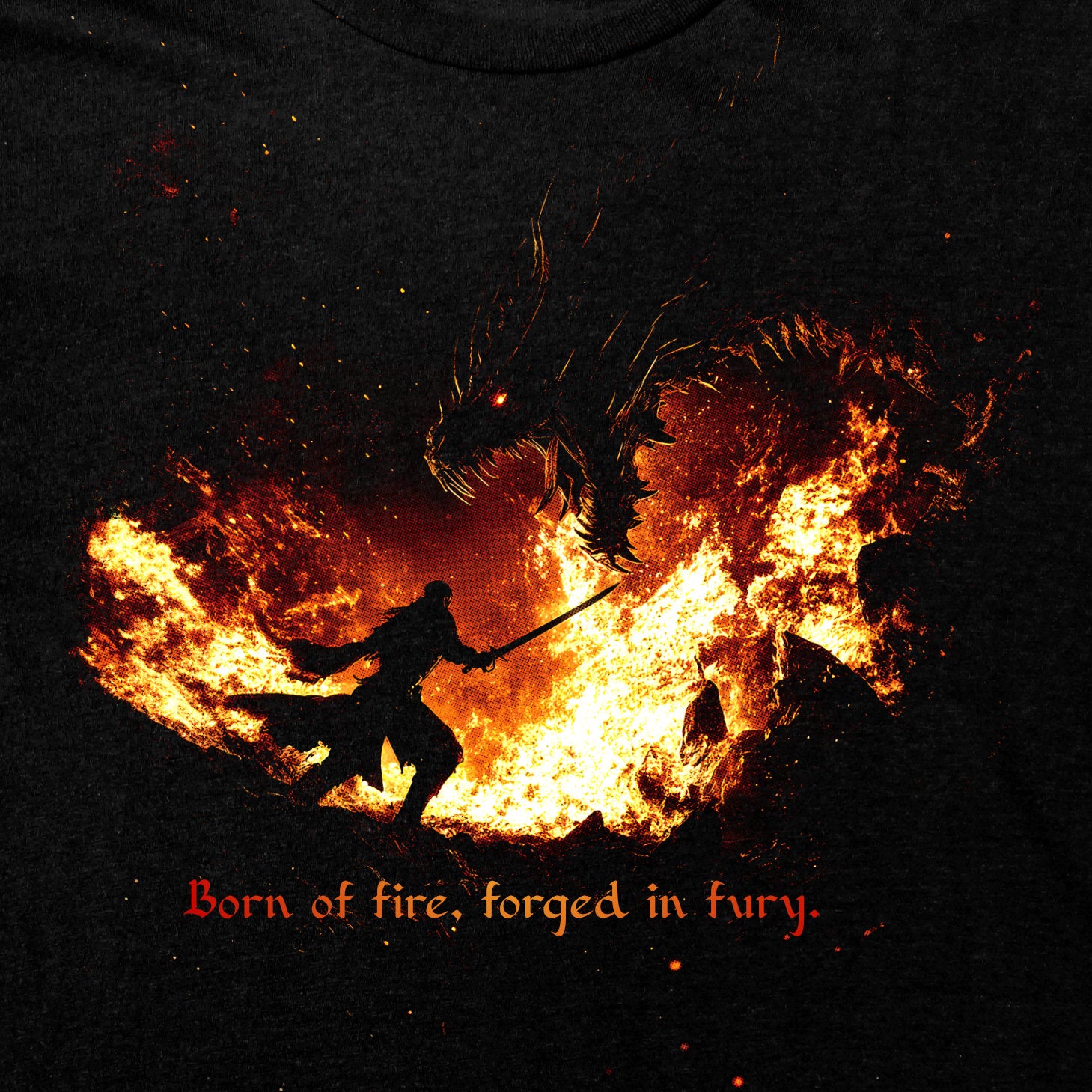 Inferno Clash T-Shirt showing a heroic warrior battling a fiery dragon amid intense flames and fury.