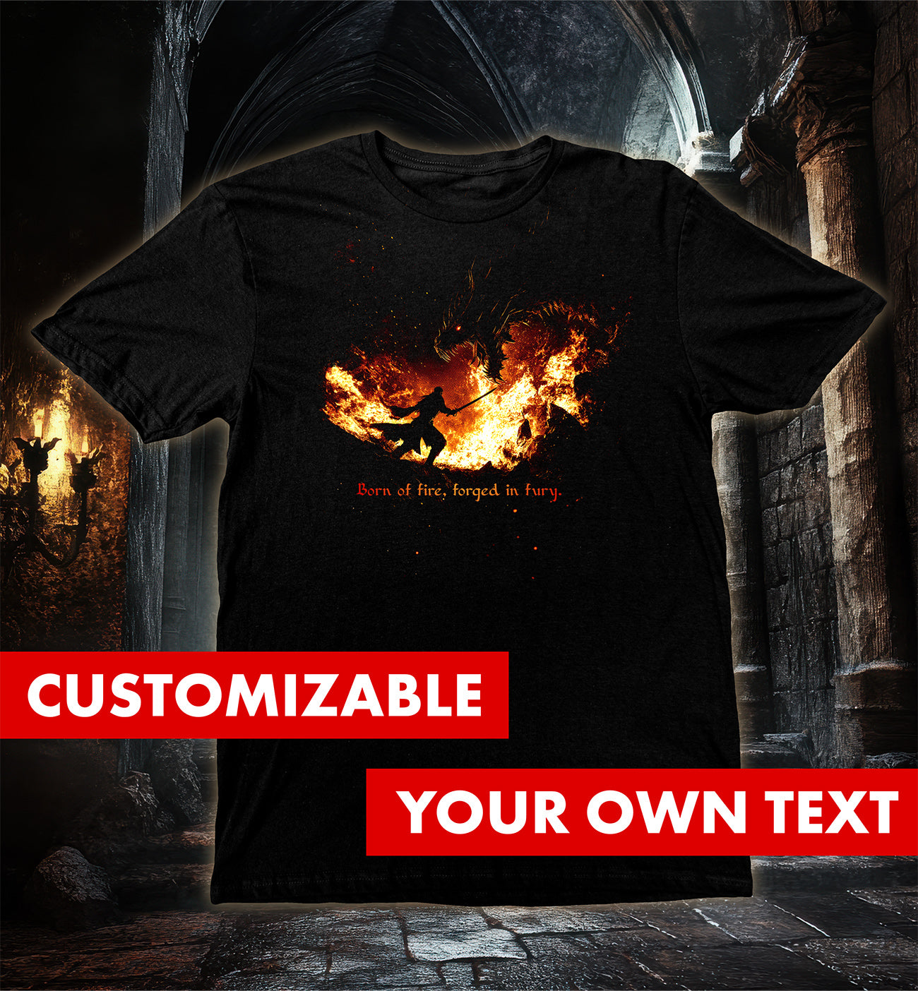 Inferno Clash T-Shirt featuring a fiery battle between a hero and dragon with flames of fury background.