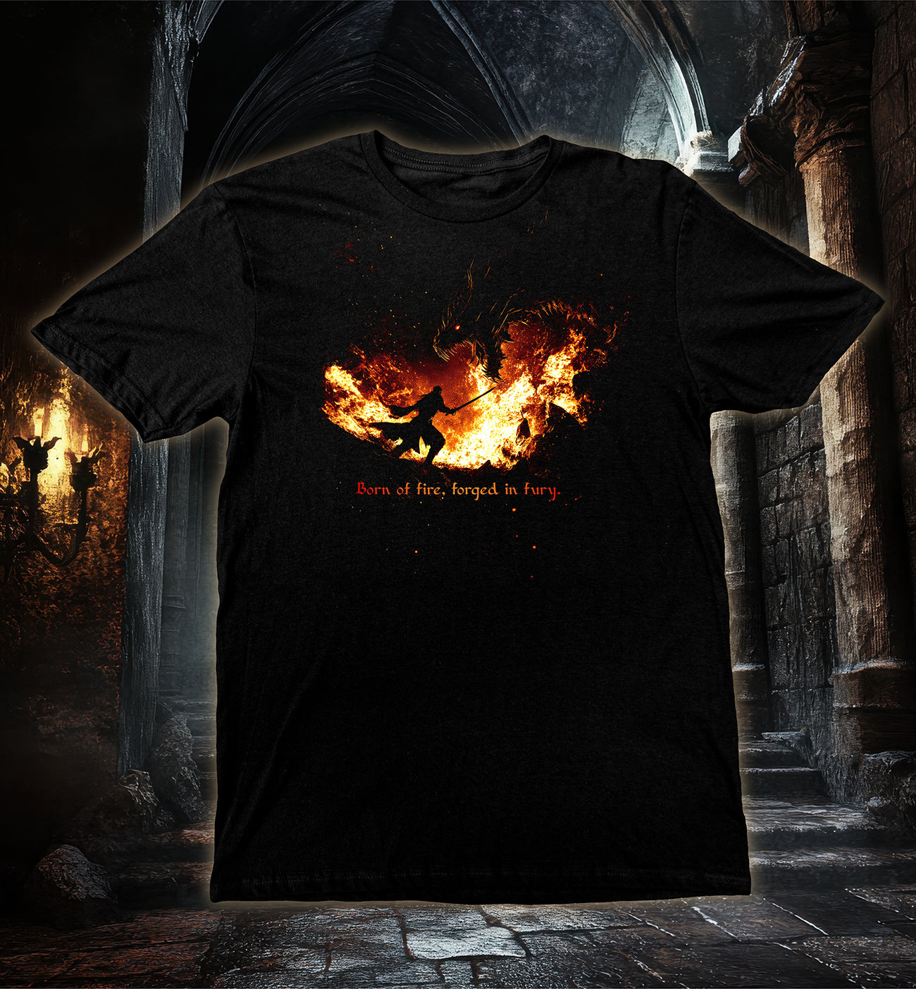 Inferno Clash T-Shirt showing a fiery battle between a hero and a dragon in flames, symbolizing fire and fury.