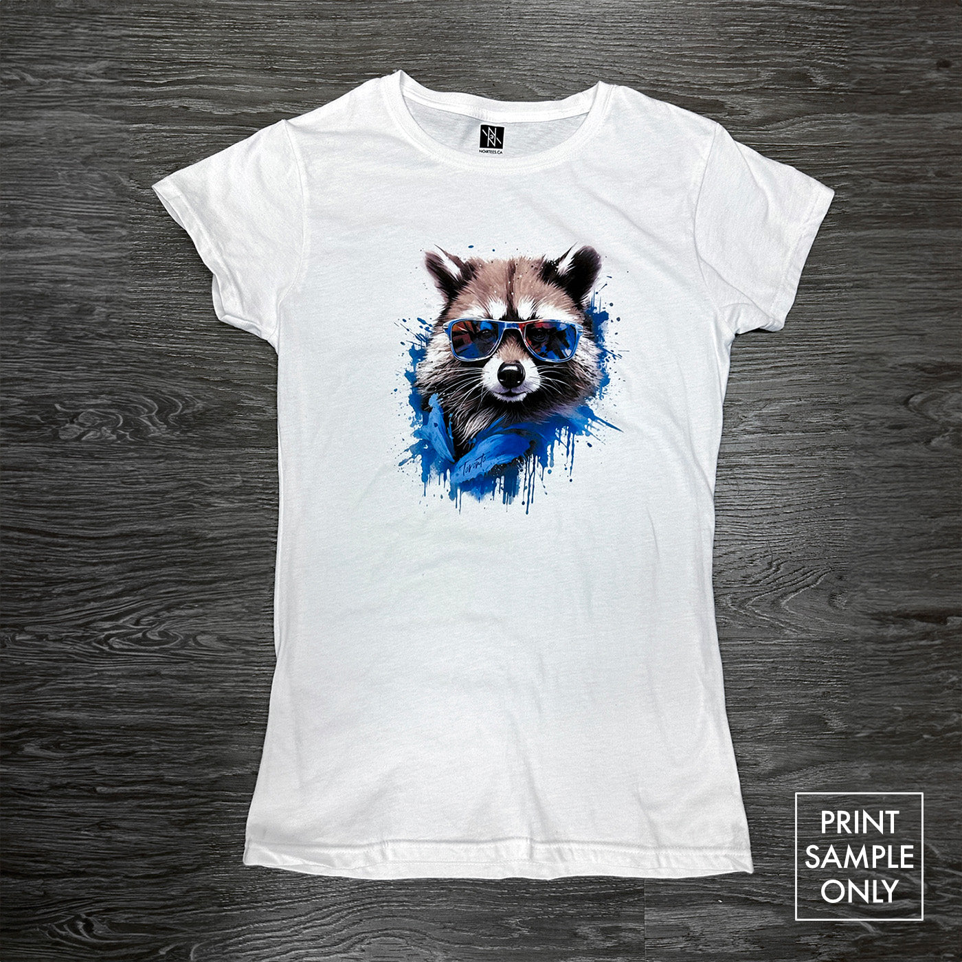Women's Fit Softstyle 100% Cotton Tee white with raccoon wearing sunglasses graphic print on front