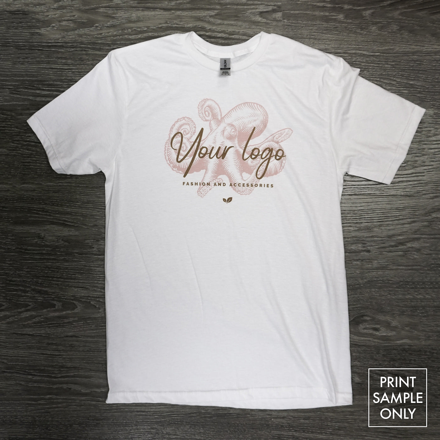 Men / Unisex Softstyle 100% Cotton Tee white crew neck short sleeve shirt with logo print flat on wooden floor