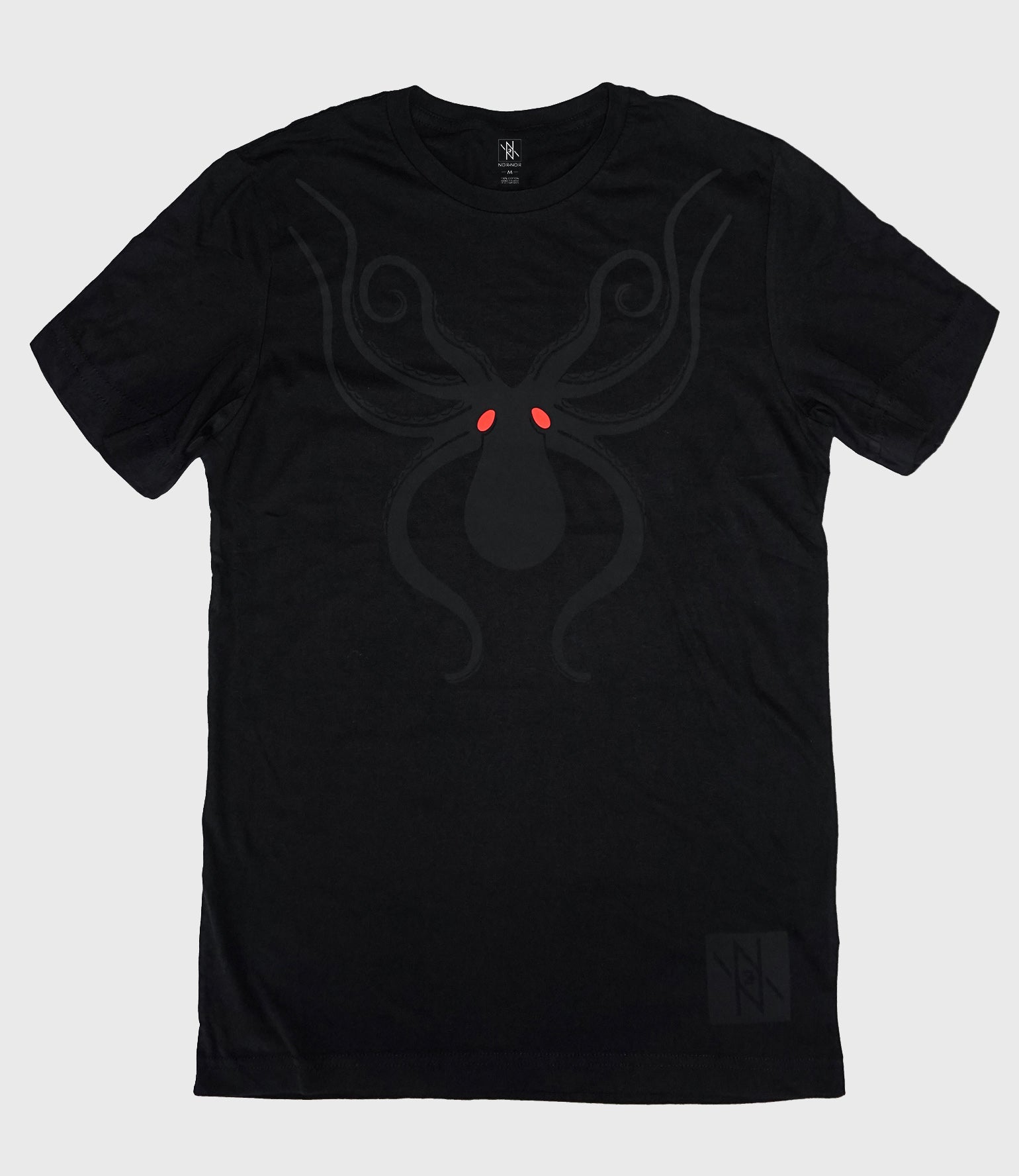 Front view of the Noir et Noir Octopus unisex T-shirt, featuring a bold black-on-black octopus design. Ideal for modern, stylish wear for all genders. Available now in the Design Collection.