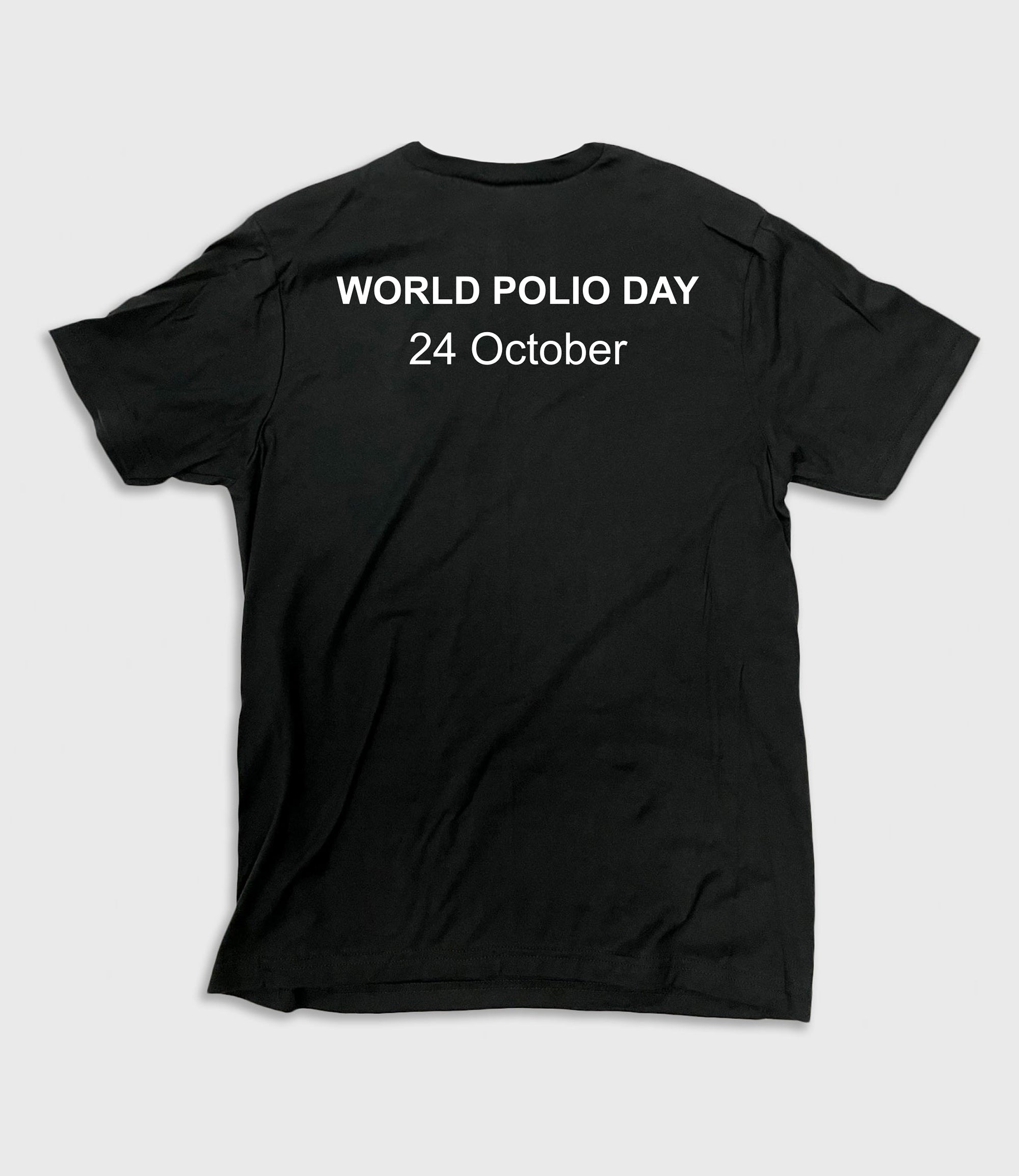 World Polio Day T-shirt in black with white text "WORLD POLIO DAY 24 October" on the back, classic fit.