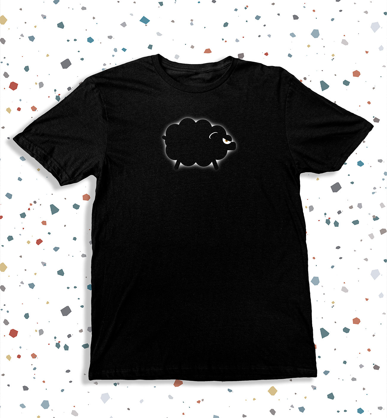 Shiny Black Sheep T-Shirt featuring a bold black sheep graphic on soft black fabric for those who dare to stand out.
