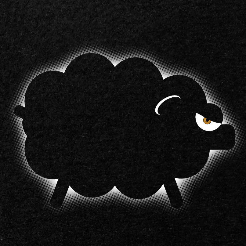 Shiny Black Sheep T-Shirt, daring black sheep graphic with bold stance symbolizing individuality and standing out.