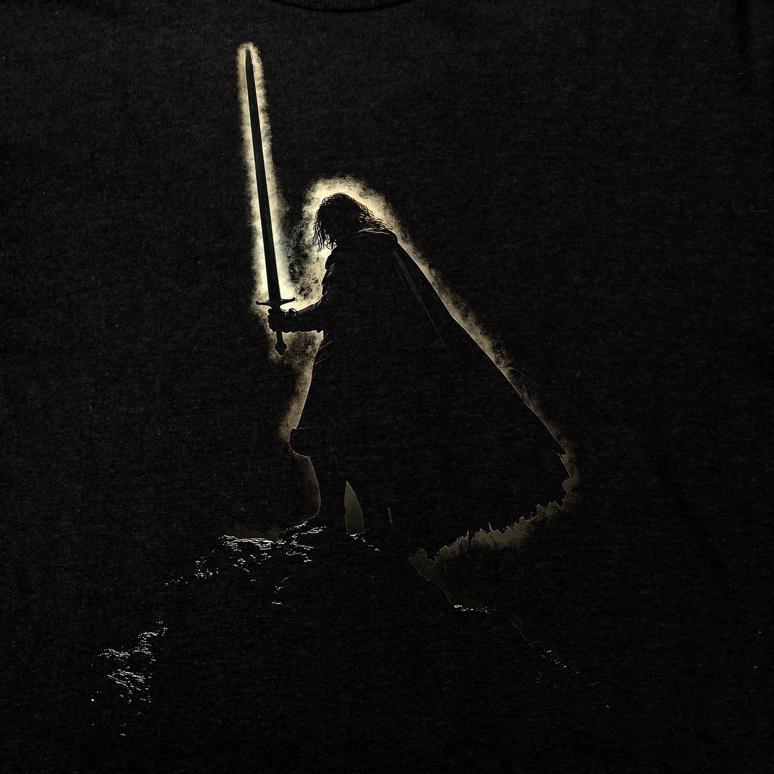 Silhouette of a medieval hero with glowing sword on black background on The Last Stand Hero T-Shirt.
