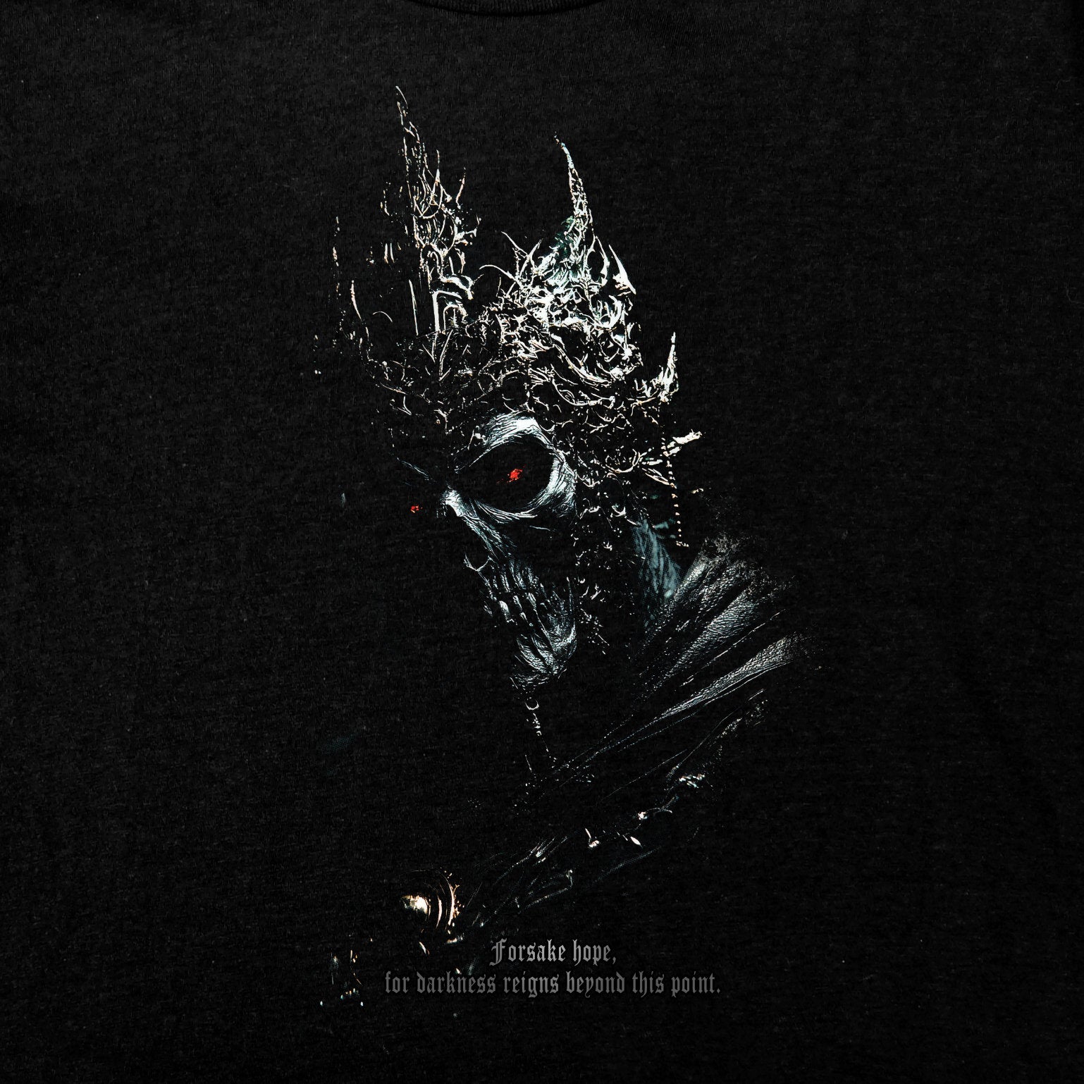 Shadow Demon T-Shirt, King of Darkness with a sinister crowned figure and glowing red eyes on black fabric.