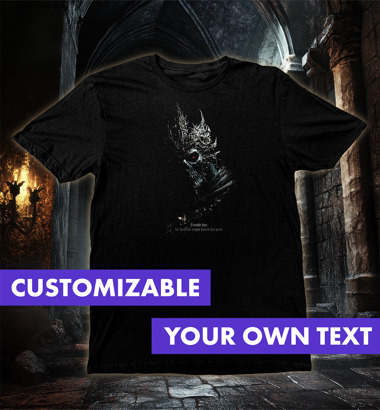Shadow Demon T-Shirt, King of Darkness with a crowned skull and glowing red eyes on black fabric background.