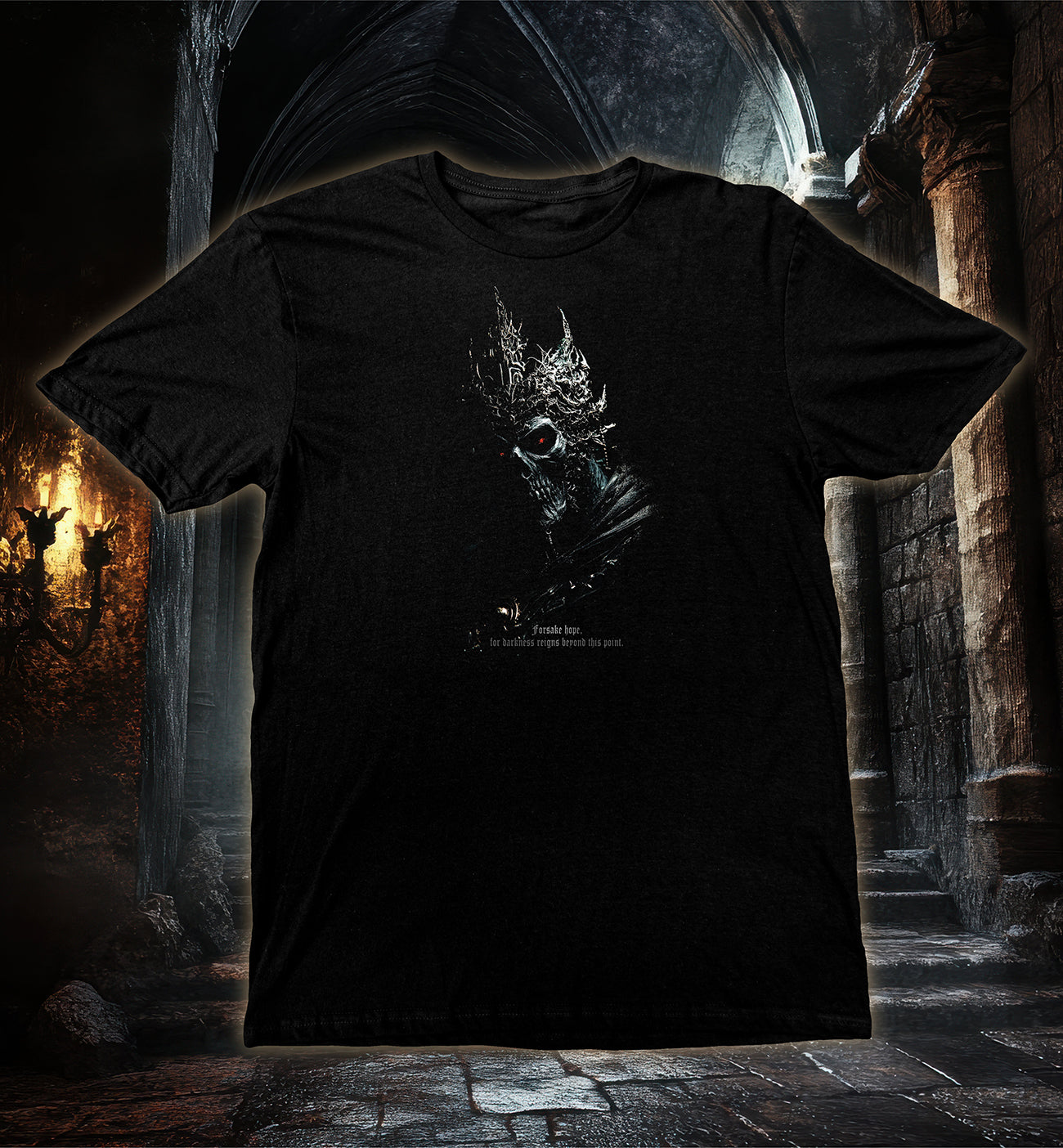 Shadow Demon T-Shirt, King of Darkness featuring a dark crowned skull with glowing red eyes on a black tee.
