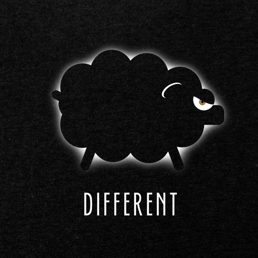 Shiny Black Sheep T-Shirt, featuring a bold black sheep graphic with the word Different on a black background.