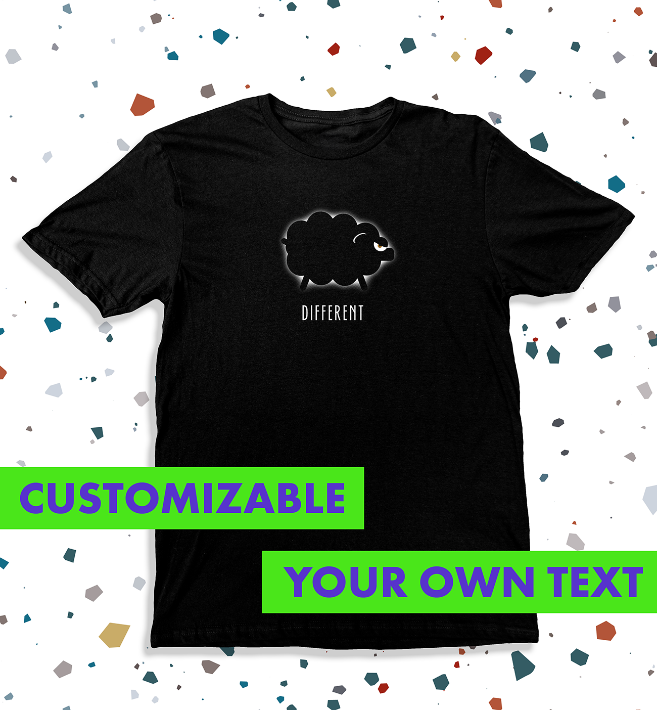 Shiny Black Sheep T-Shirt featuring a bold black sheep graphic and the word Different, symbolizing individuality.