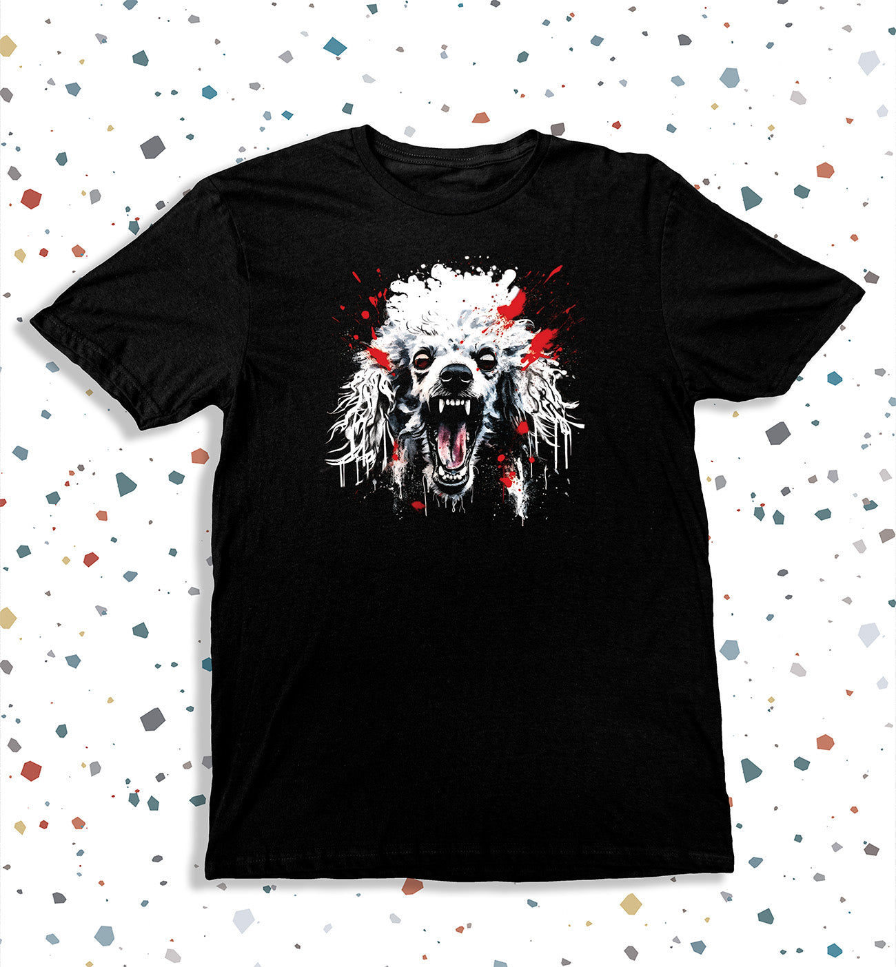 Black Spicy Poodle T-Shirt featuring a fierce, snarling poodle with red splatter accents on front.