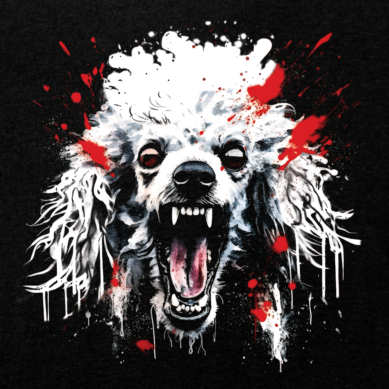 Spicy Poodle T-Shirt featuring fierce white poodle with open mouth and red paint splatters on black background.