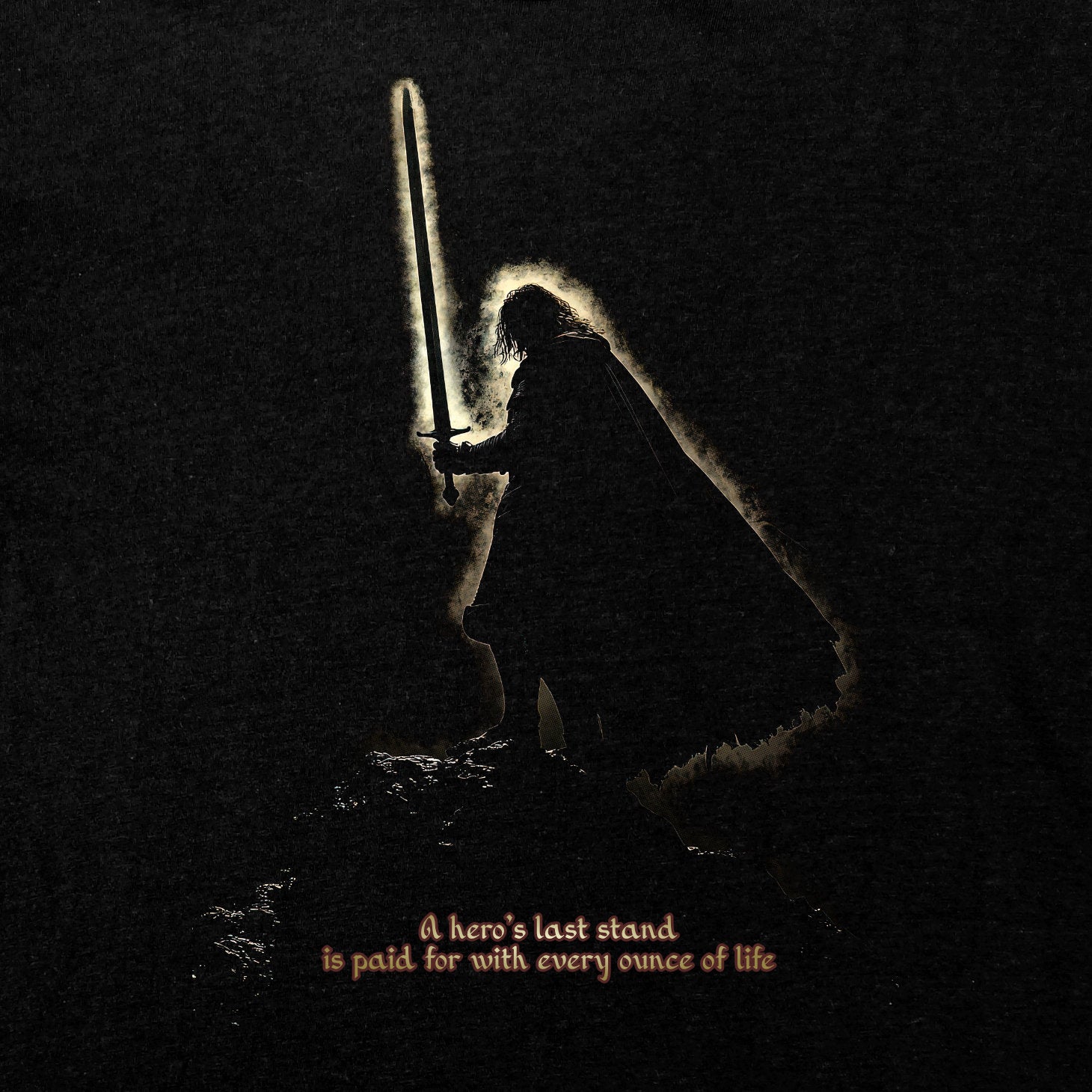 The Last Stand Hero T-Shirt with a medieval warrior holding a glowing sword on a dark background.